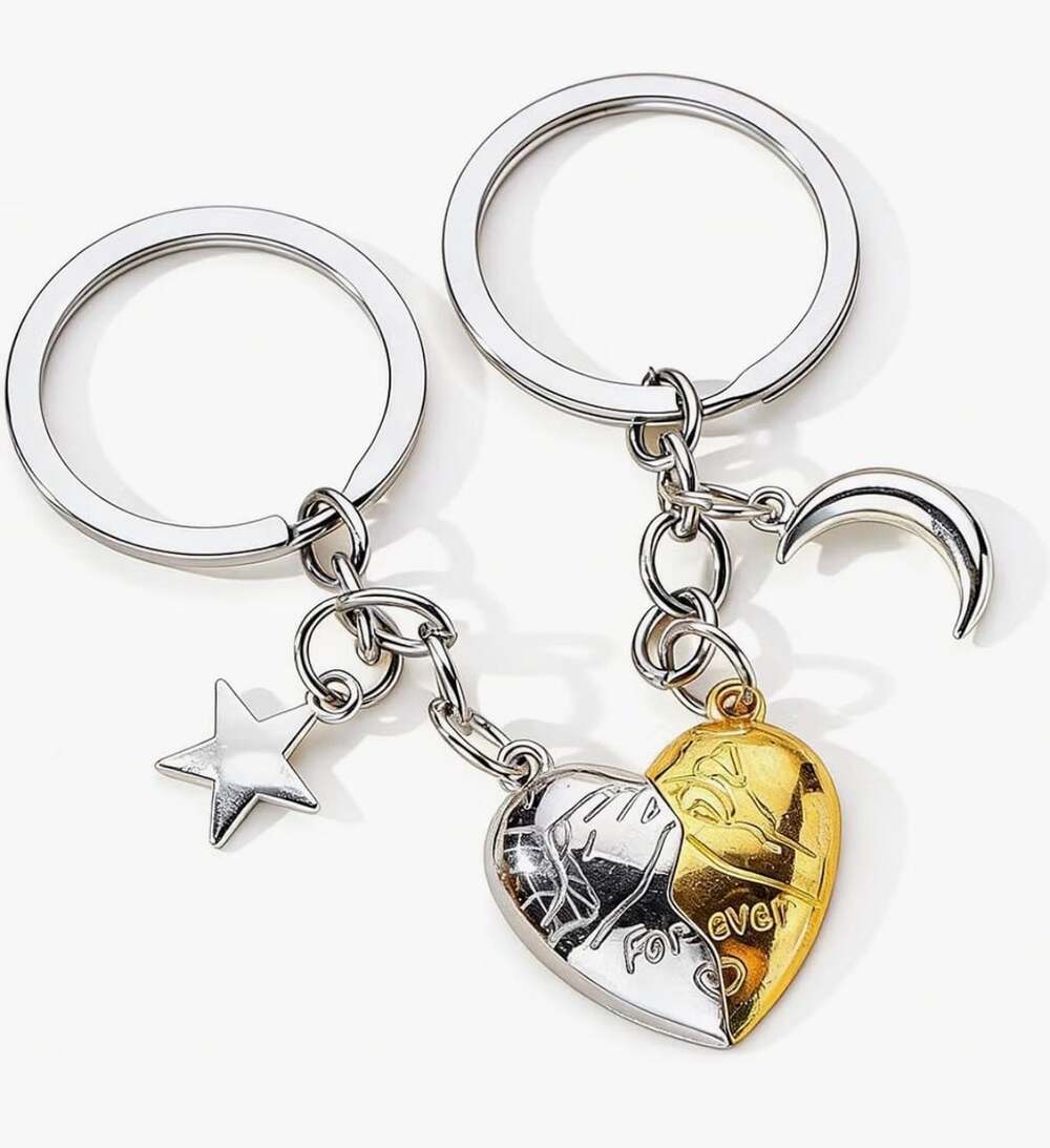 Magnetic Couple Heart Keychain Set Gold and Silver Star Moon